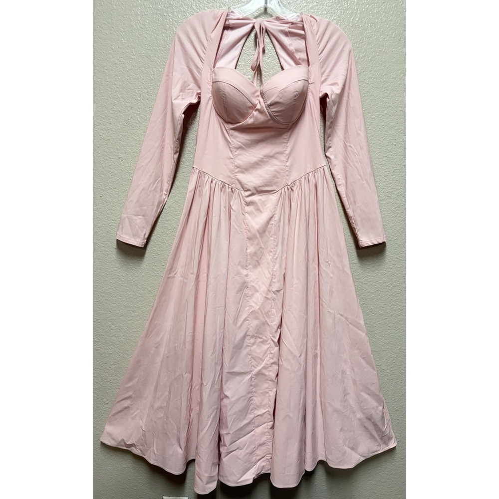 Rarthea Pink Sweetheart Neck Chiffon Open Back Fit & Flare Midi Dress M